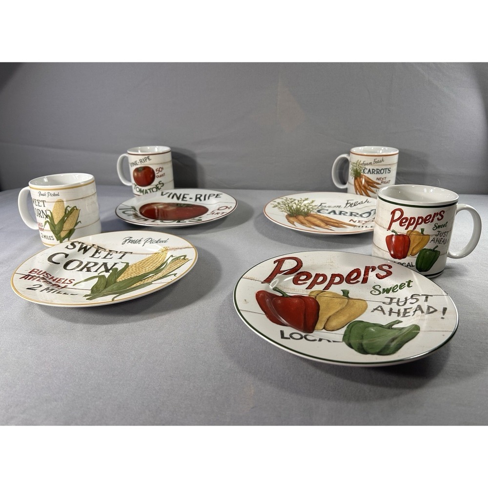 Sakura Farmstand Vegetables David Carter Brown Salad Plates Cups 8-1/4"  Set 4‎